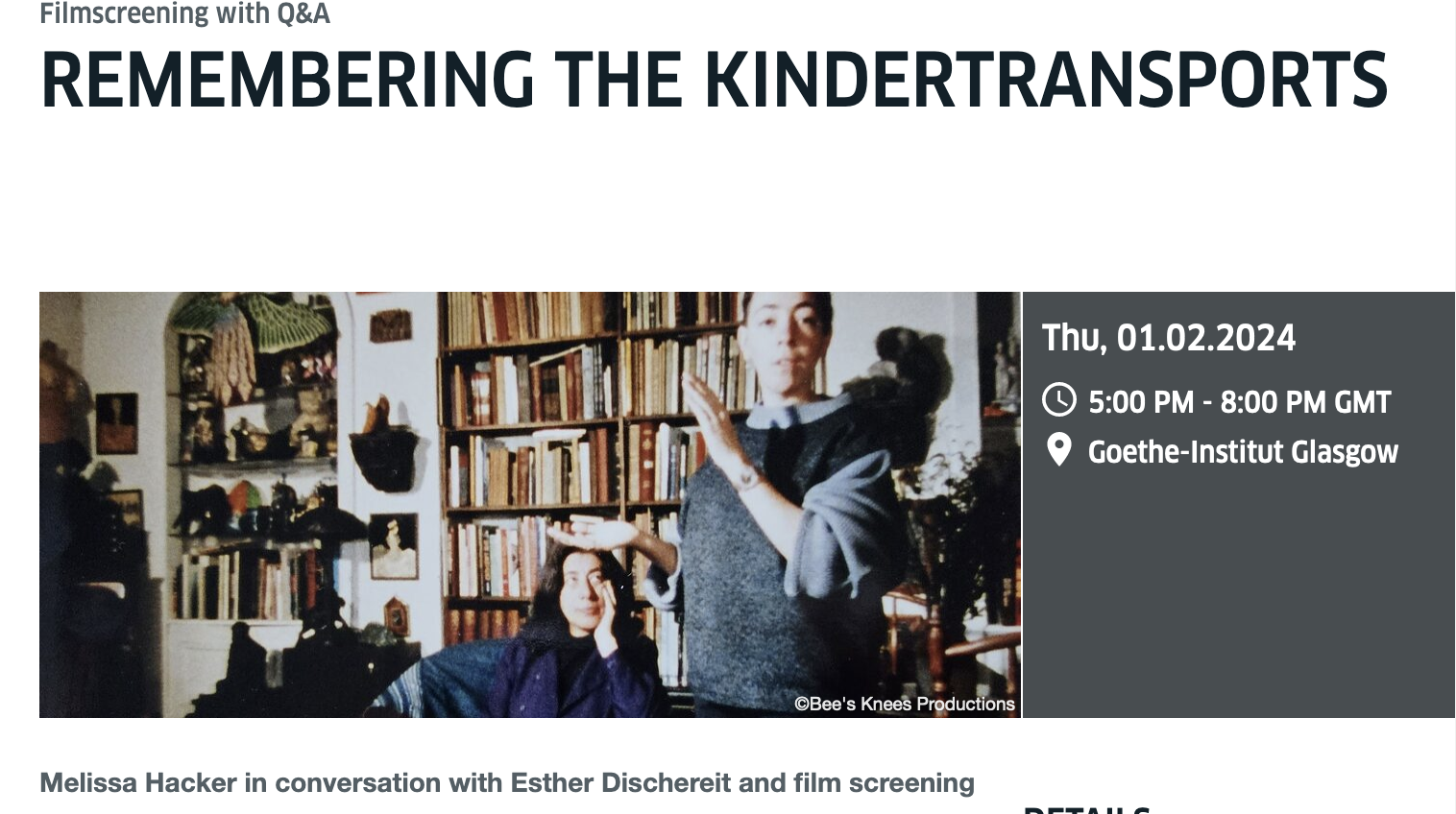 Remembering the Kindertransports Film Screening and Discussion at the Goethe Institute, Glasgow